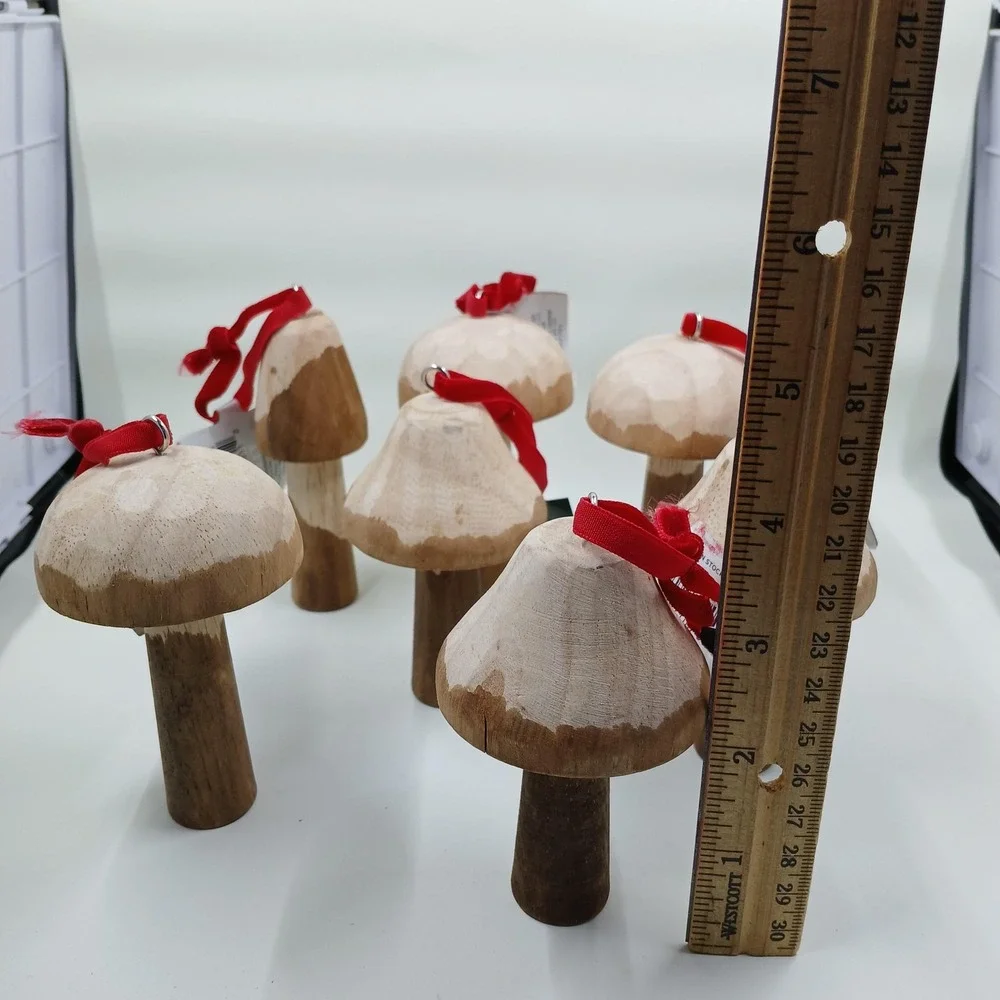 Place & Time Wooden Mushroom Christmas Ornaments Set Of 7 Rustic‎ Decor Holiday